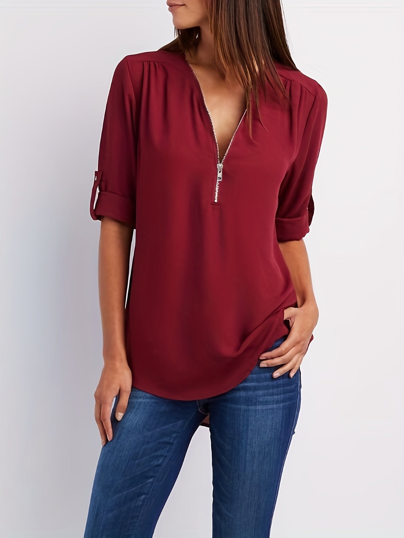 Ruffled V-neck long sleeve shirt for women