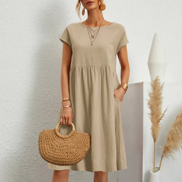 Women's Midi Dress - A-Line Loose Fit - Short Sleeve - Round Neck - Lightweight with Pockets