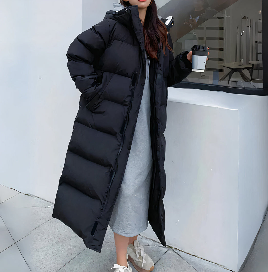 Oversized hooded windproof long coat for women