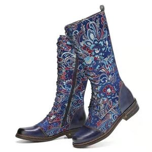 Floral lace-up mid-calf boots for women