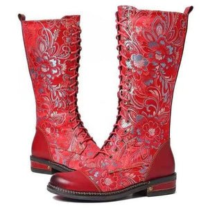 Floral lace-up mid-calf boots for women