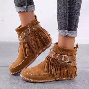 Fringe moccasin ankle boots for women