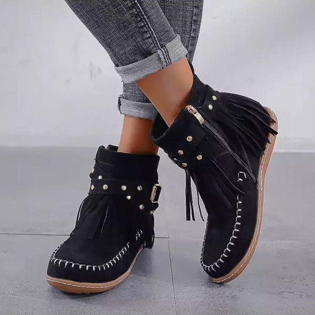 Fringe moccasin ankle boots for women