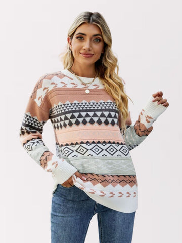 Pull-over geometric knit sweater for women