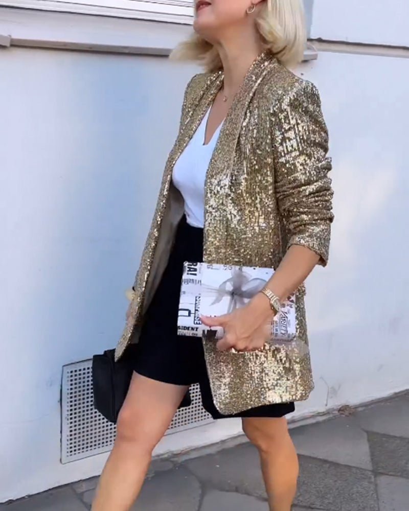 Open front gold sequin blazer for women