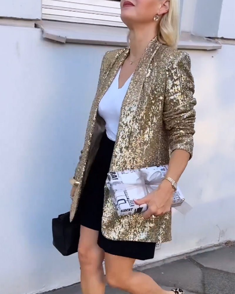 Open front gold sequin blazer for women