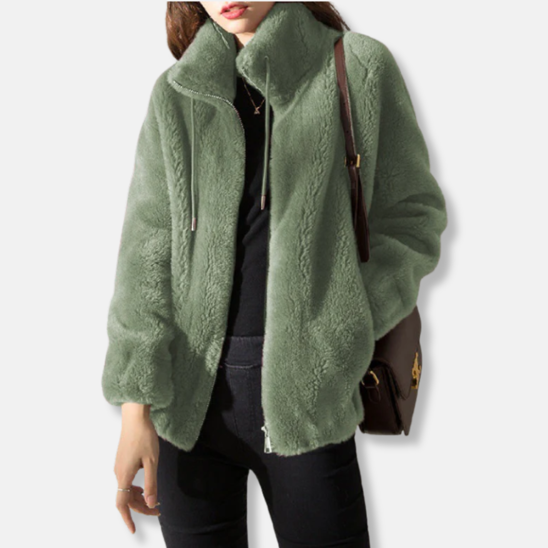 Women’s Bomber Jacket – Plush Fleece – Relaxed Fit – Stand Collar – Elastic Hem