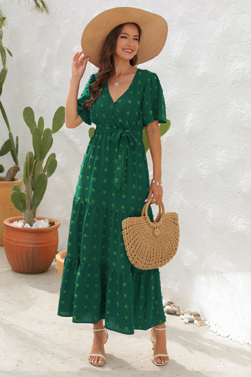 Women's Midi Dress - Swiss Dot Fabric - V-Neck - Short Sleeves - Ruffle Detail - Fitted Waist
