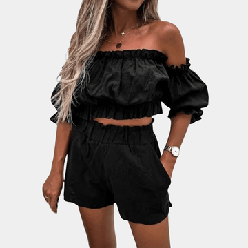 Off-shoulder high waist short two-piece suit for women