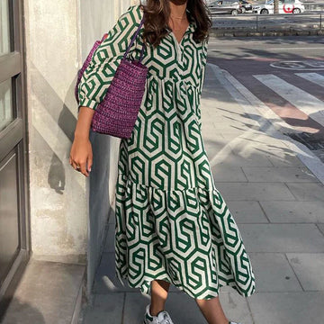 Women's Midi Dress - Geometric Print - Relaxed Fit - Three-Quarter Sleeve - Tiered Design