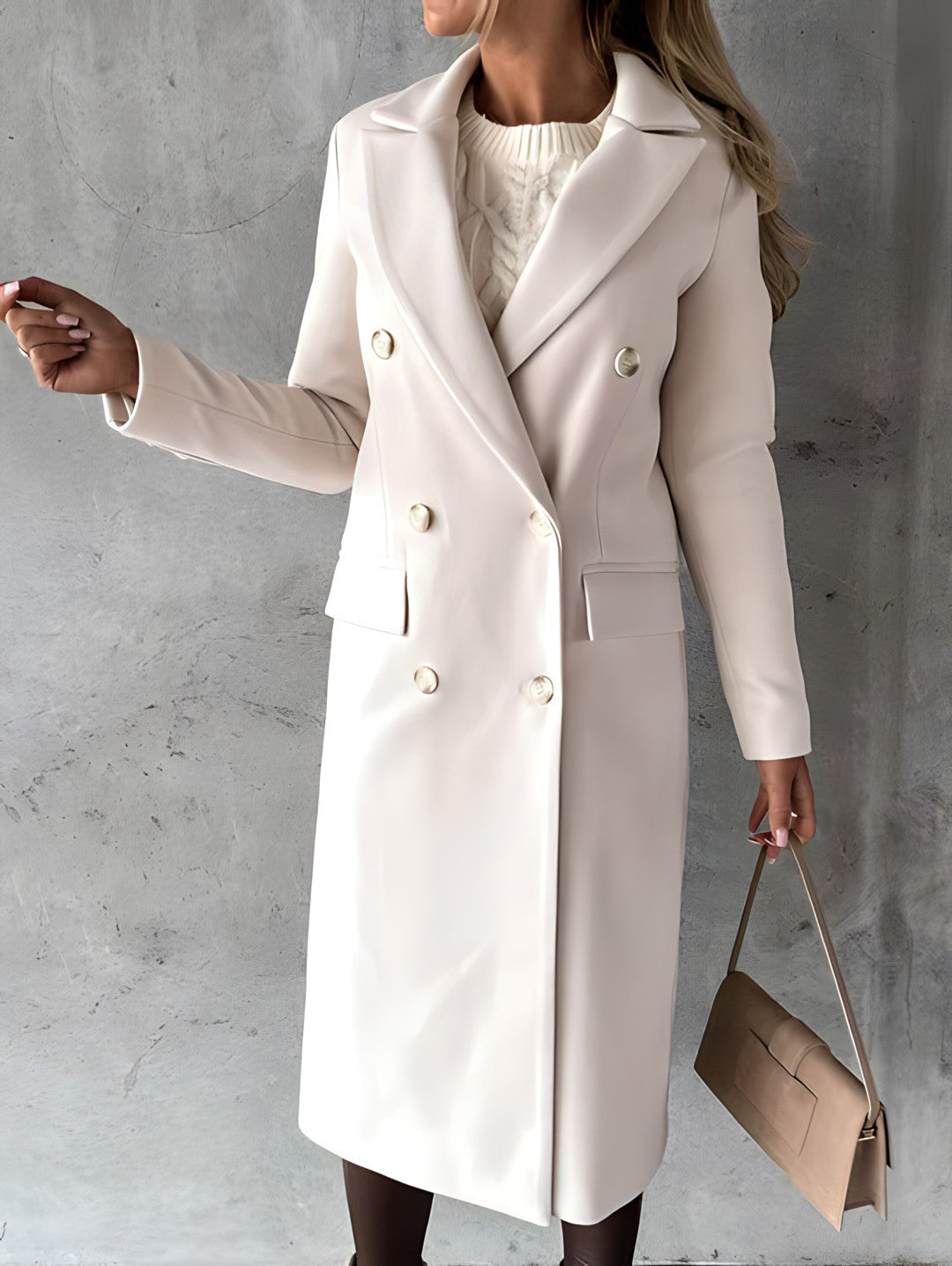 Women’s Overcoat – Wool Blend – Slim Fit – Double-Breasted – Notch Lapel – Long Length