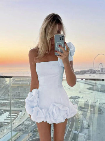 Women’s Mini Dress – Satin Finish – Slim Fit – One-Shoulder with Ruffle Hem