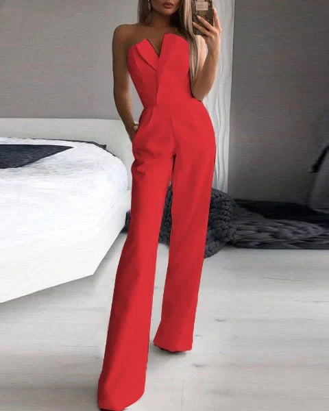 Women’s Sleeveless Jumpsuit – Strapless Asymmetric Neckline – Fitted Wide-Leg Silhouette