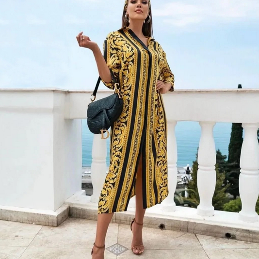 Women's Midi Dress - Baroque Print - V-Neck - Half Sleeve - Relaxed Fit - Front Slit