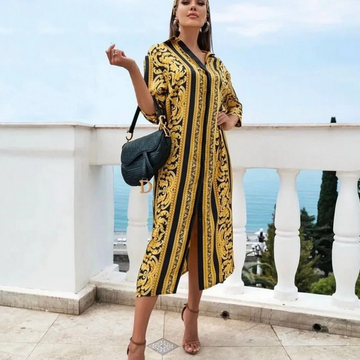Women's Midi Dress - Baroque Print - V-Neck - Half Sleeve - Relaxed Fit - Front Slit