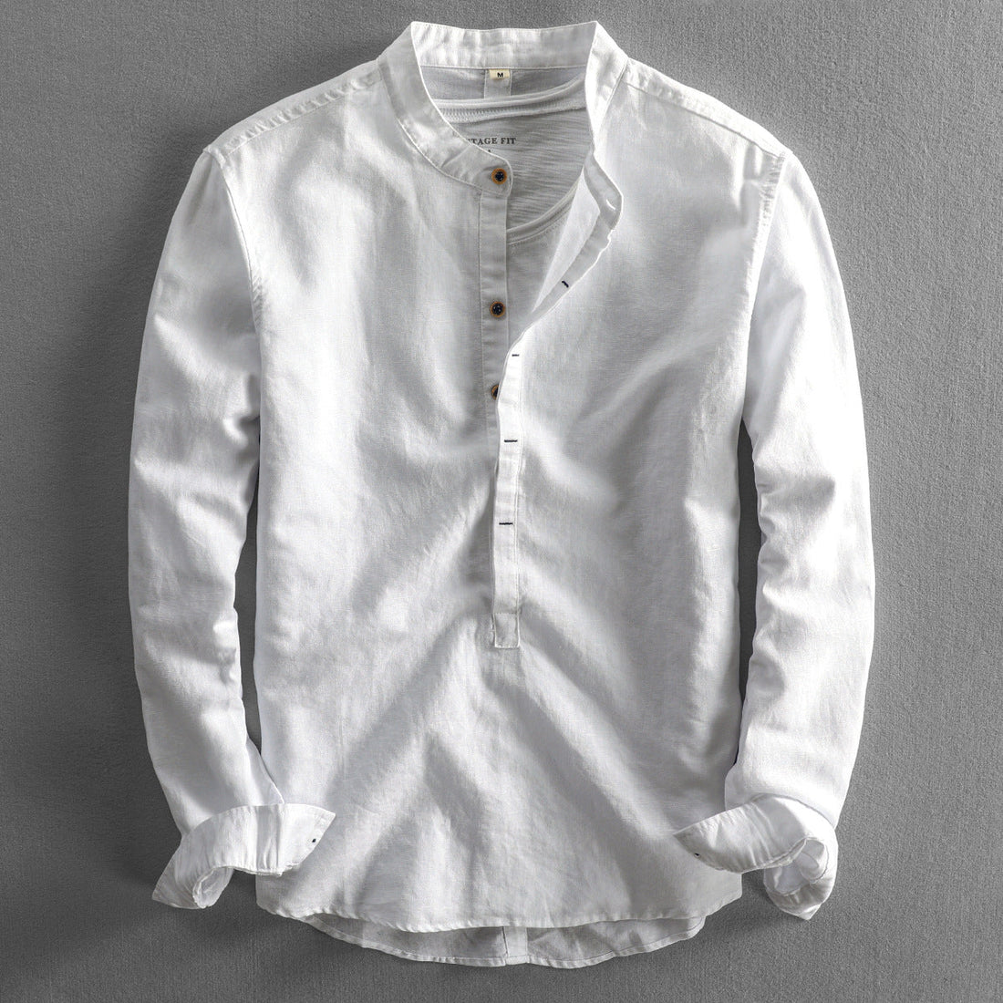 Men’s Long-Sleeve Shirt - Linen Blend - Band Collar - Lightweight Breathable Tailored Fit