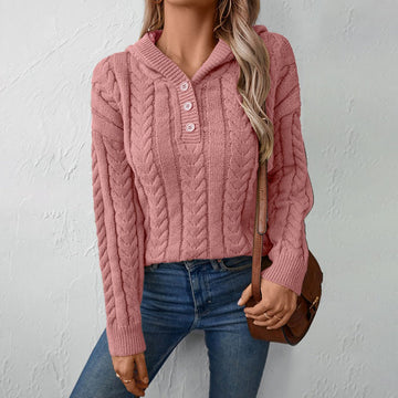 Women’s Knitted Top – Cable Knit Texture – Relaxed Fit – Henley Neck – Long Sleeve