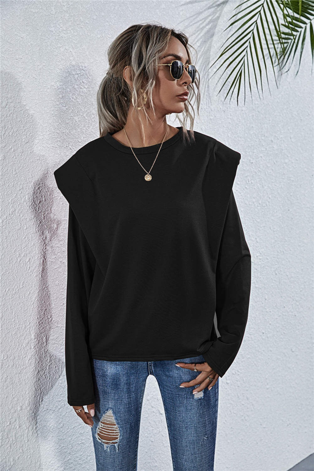 Women’s Sweatshirt – Relaxed Fit – Padded Shoulders – Crew Neck – Long Sleeve Cotton