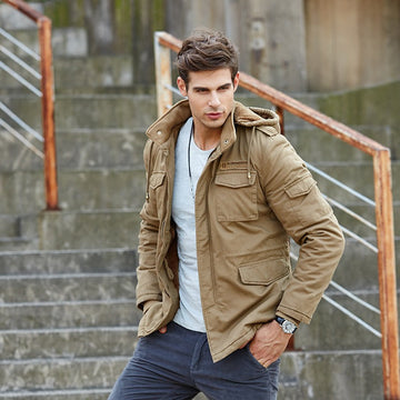 Men’s Casual Jacket – Loose Fit – Sherpa Lined Hood – Utility Pockets – Mid Length
