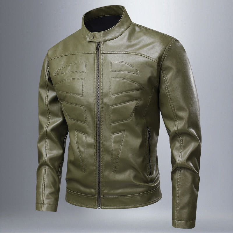 Men’s Leather Jacket – Slim Fit – Stand-Up Collar – Geometric Stitching – Full Zip