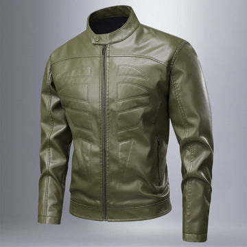 Men’s Leather Jacket – Slim Fit – Stand-Up Collar – Geometric Stitching – Full Zip