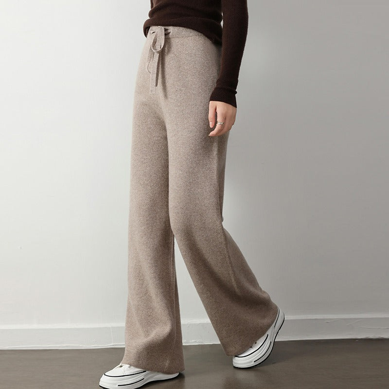 Women’s Knit Pants – Relaxed Fit – Wide Leg – Elastic Drawstring Waist – Ribbed Texture