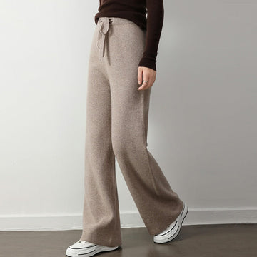 Women’s Knit Pants – Relaxed Fit – Wide Leg – Elastic Drawstring Waist – Ribbed Texture
