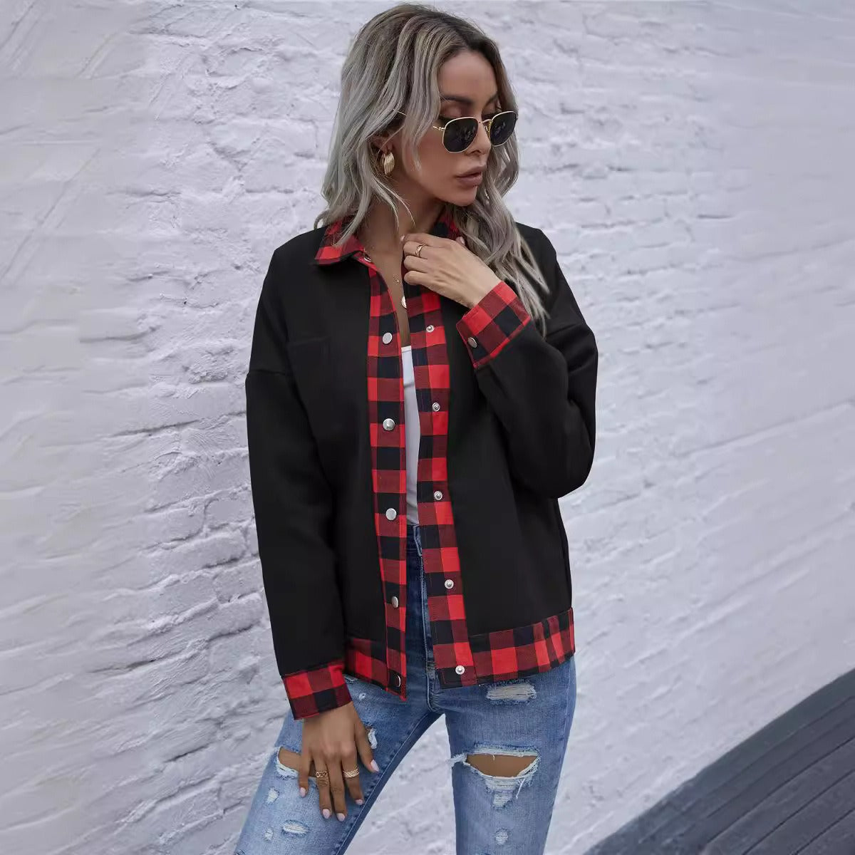 Women’s Jacket – Relaxed Fit – Cotton Blend – Patchwork Plaid – Button-Up Casual Layer