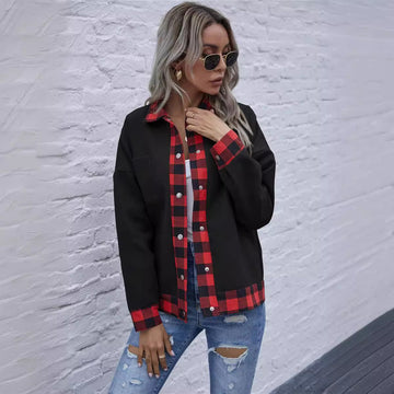Women’s Jacket – Relaxed Fit – Cotton Blend – Patchwork Plaid – Button-Up Casual Layer