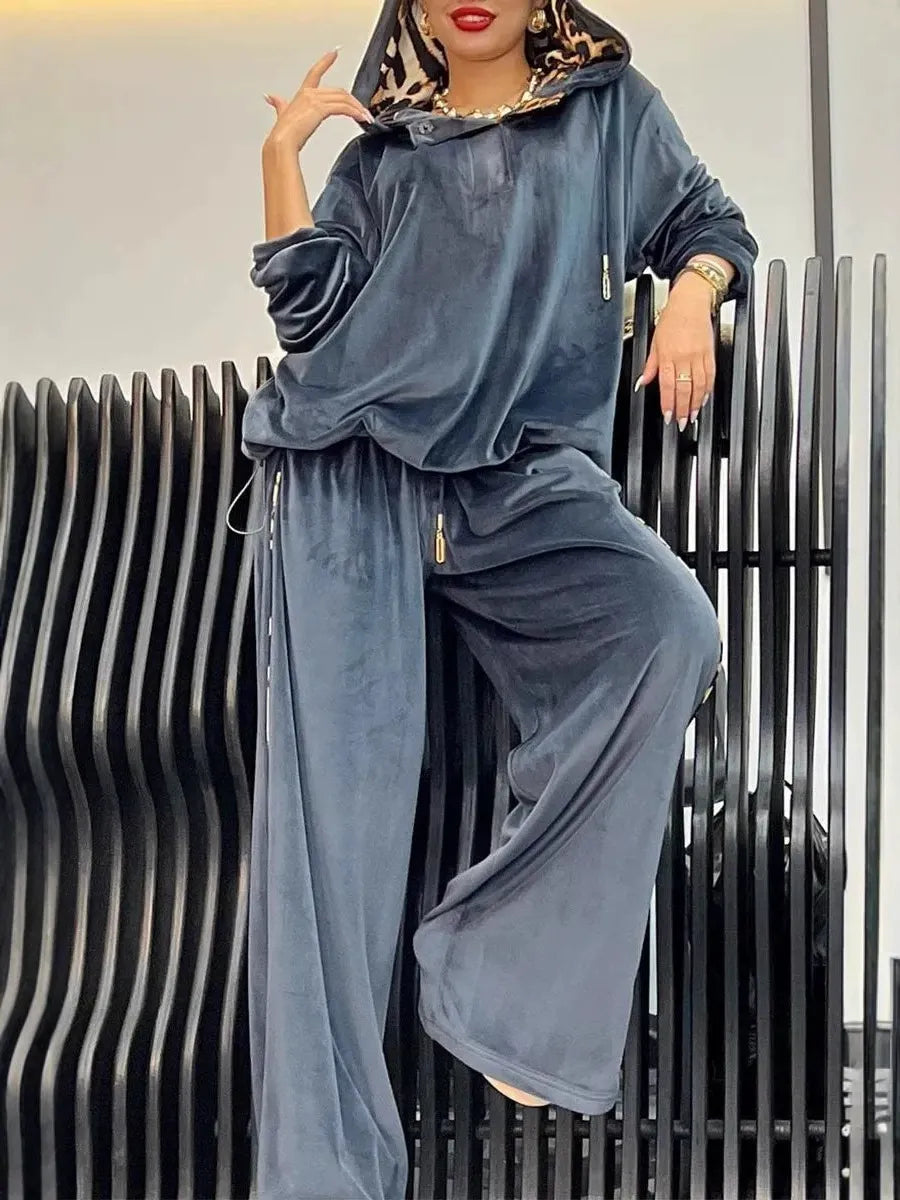 Women’s Two-Piece Loungewear Set – Plush Velour Feel – Oversized Hoodie – Wide Leg Pants