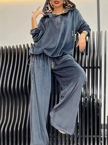 Women’s Two-Piece Loungewear Set – Plush Velour Feel – Oversized Hoodie – Wide Leg Pants