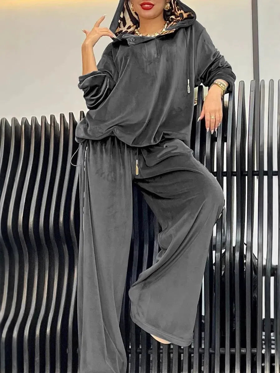 Women’s Two-Piece Loungewear Set – Plush Velour Feel – Oversized Hoodie – Wide Leg Pants