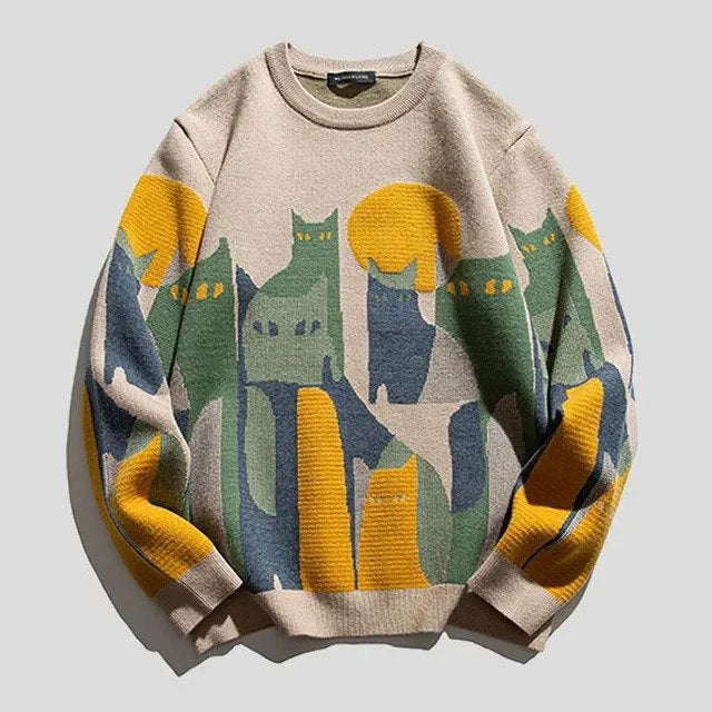 Women’s Sweatshirt – Relaxed Fit – Knitted Feel – Abstract Cat Print – Crew Neck