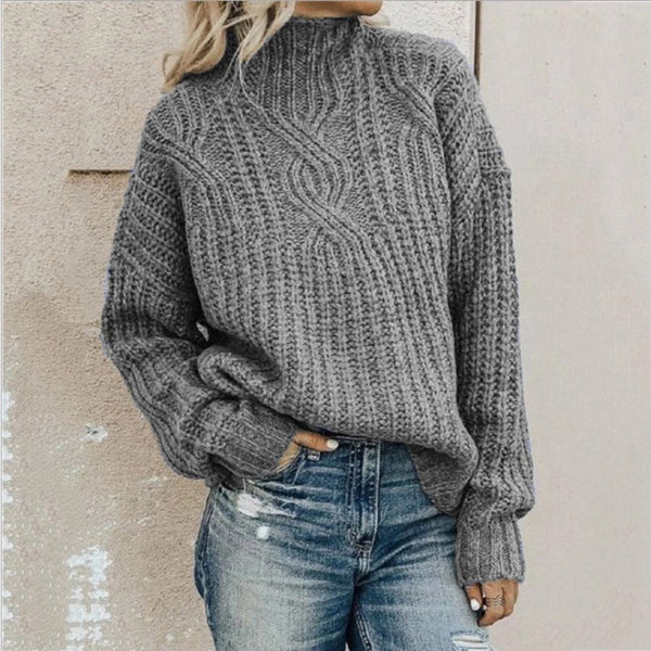 Women’s Pullover Sweater – Wool Cable Knit – High Neck – Relaxed Fit Cozy Knitwear