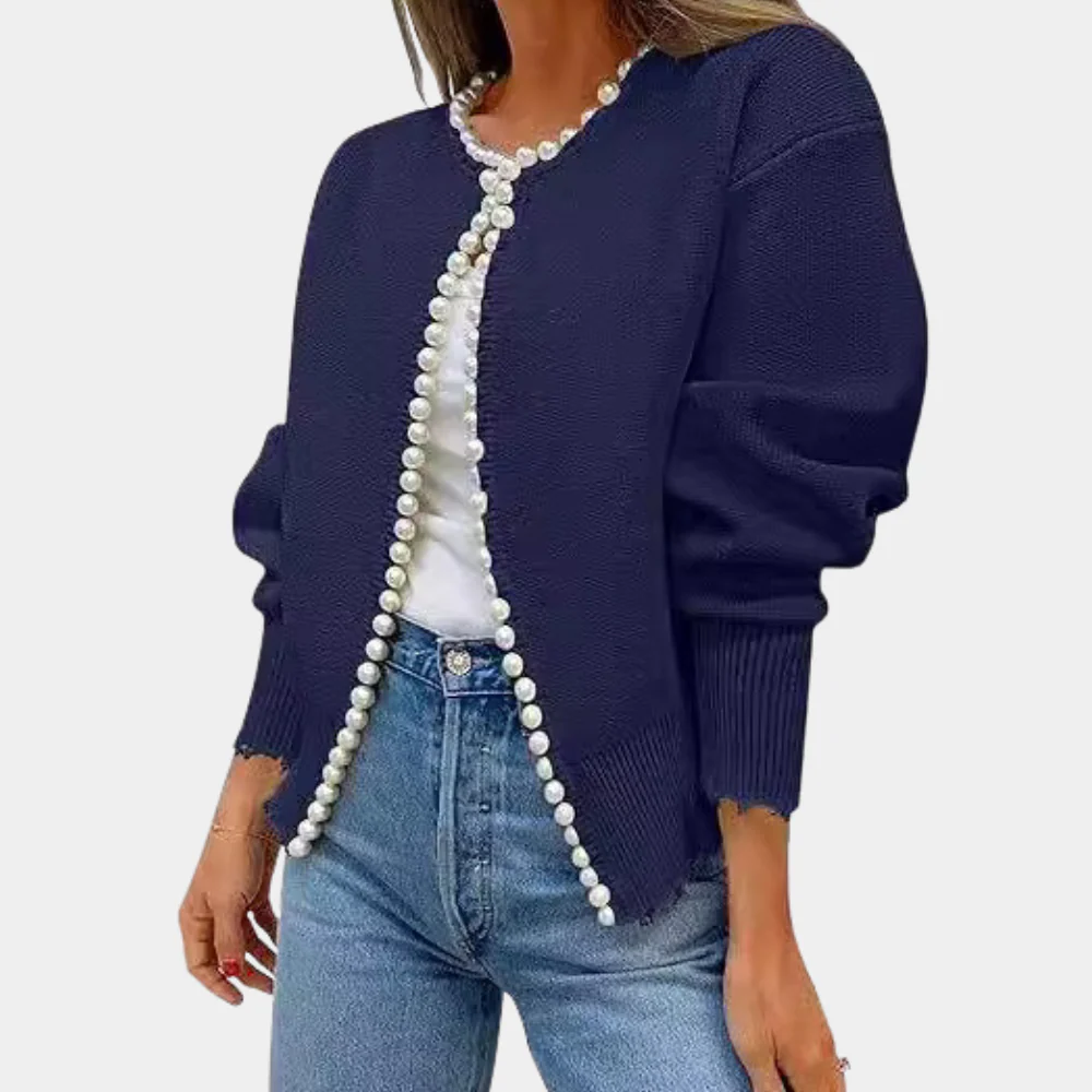 Women’s Cardigan – Relaxed Fit – Soft Knit – Pearl Button Front – Puffed Sleeve Layer