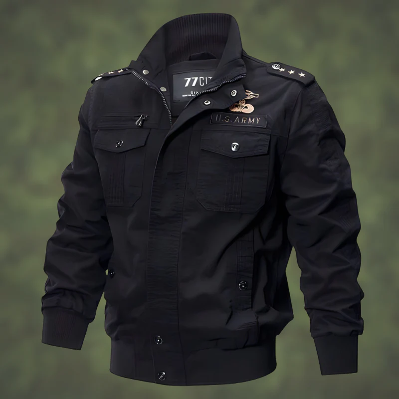 Men’s Bomber Jacket – Relaxed Fit – Military Style – Ribbed Trim – Embroidered Patches