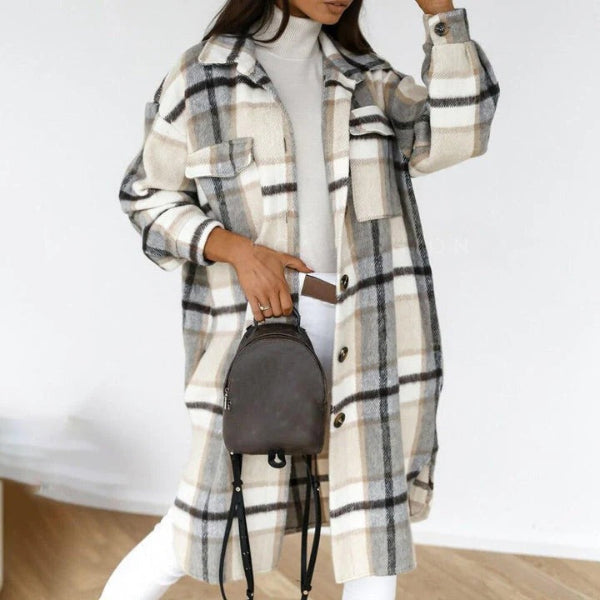 Women’s Checkered Jacket – Wool Blend – Oversized Fit – Knee Length – Button Front