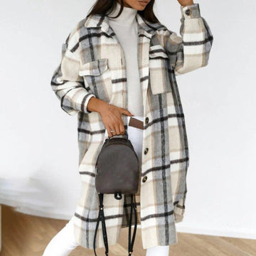 Women’s Checkered Jacket – Wool Blend – Oversized Fit – Knee Length – Button Front