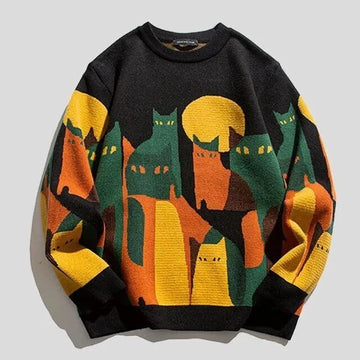 Women’s Sweatshirt – Relaxed Fit – Knitted Feel – Abstract Cat Print – Crew Neck