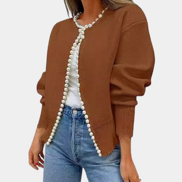 Women’s Cardigan – Relaxed Fit – Soft Knit – Pearl Button Front – Puffed Sleeve Layer