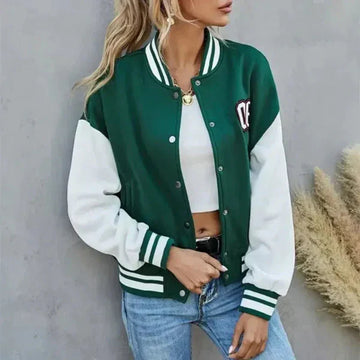 Women’s Bomber Jacket – Casual Fit – Button Front – Ribbed Trim – Varsity Style