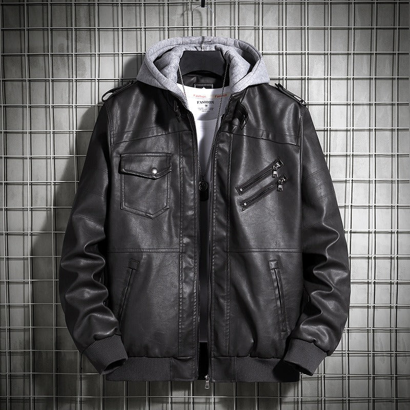 Men’s Bomber Jacket – Faux Leather Body – Knit Hood – Zipper Front – Snap Pockets