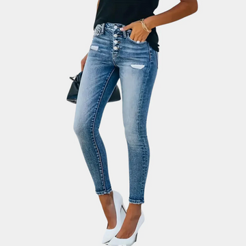 Women’s Skinny Jeans – Slim Fit – Distressed Denim – Button Fly – Full Length