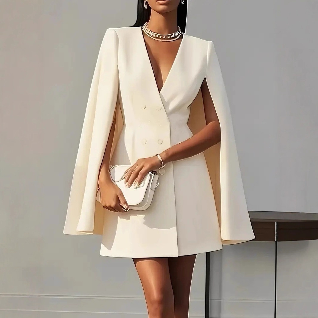 Women’s Mini Dress – Tailored Fit – Double-Breasted – Shawl Cape – V-Neck Elegant Style