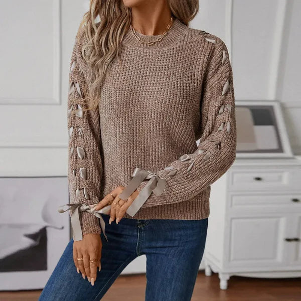 Women’s Pullover Sweater – Relaxed Fit – Ribbed Soft Knit – Lace-Up Sleeves – Crew Neck