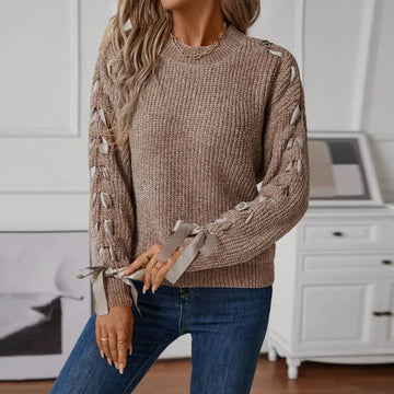 Women’s Pullover Sweater – Relaxed Fit – Ribbed Soft Knit – Lace-Up Sleeves – Crew Neck