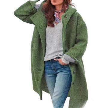 Women’s Full-Length Coat – Oversized Fit – Wool Feel – Hooded with Pockets