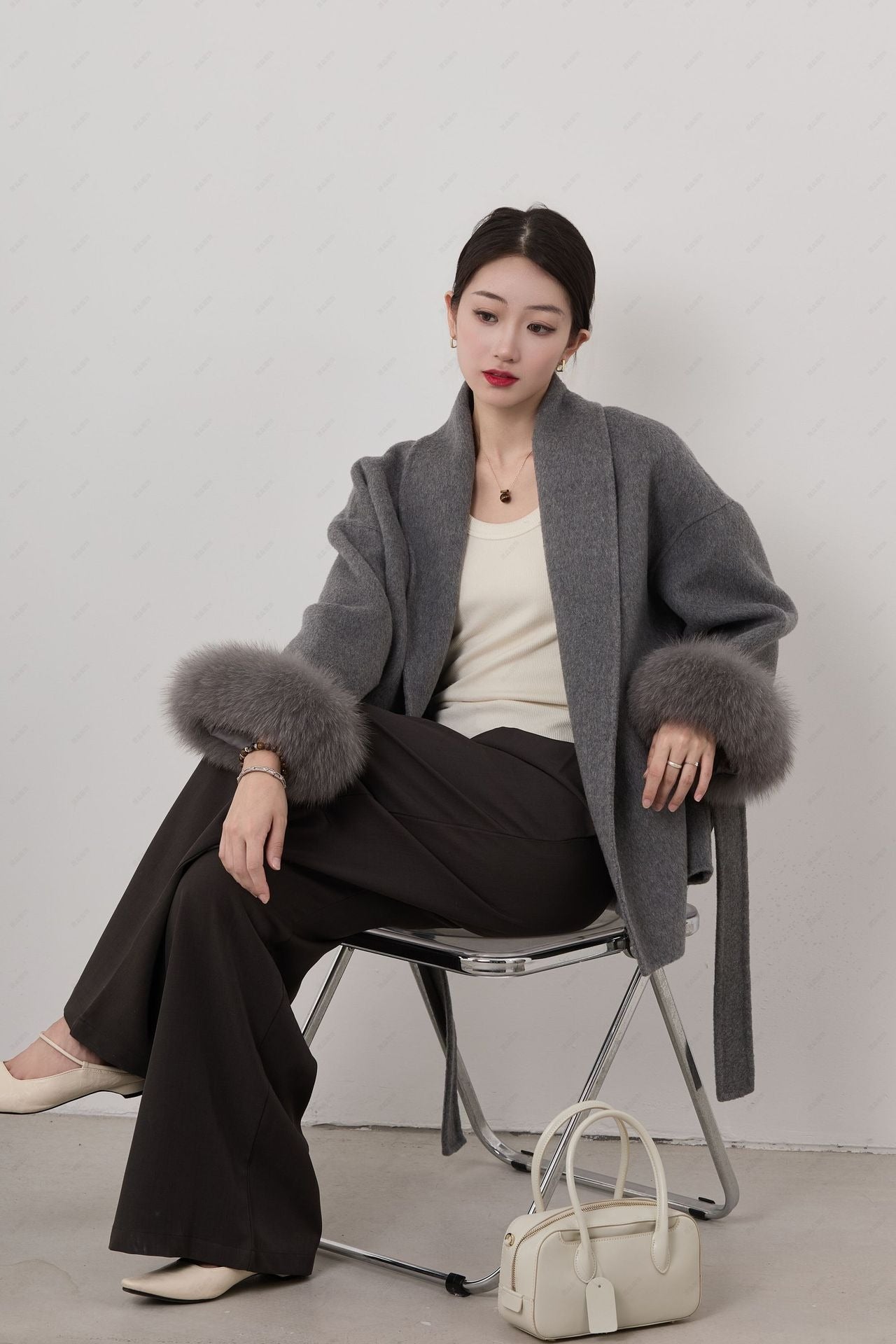 Women’s Short Coat – Wool Blend – Wrap Fit – Shawl Collar – Belted with Detachable Cuffs