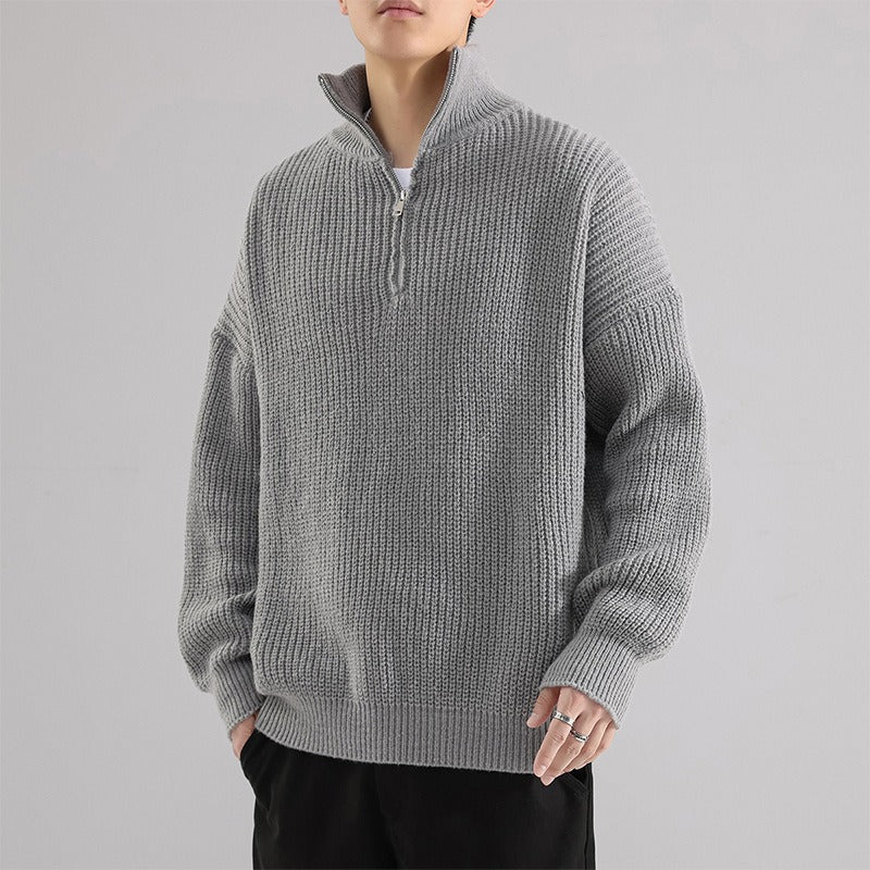 Men’s Pullover Sweatshirt – Rib Knit – Oversized Fit – Half Zip High Neck – Dropped Shoulders