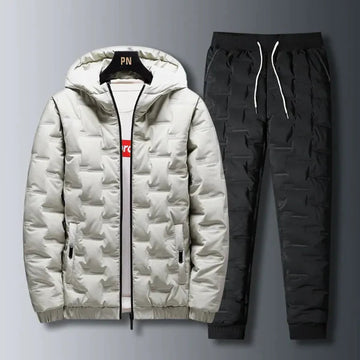 Men’s Two-Piece Hooded Jacket and Pants Set – Quilted – Regular Fit – Full Zip – Ribbed Cuffs